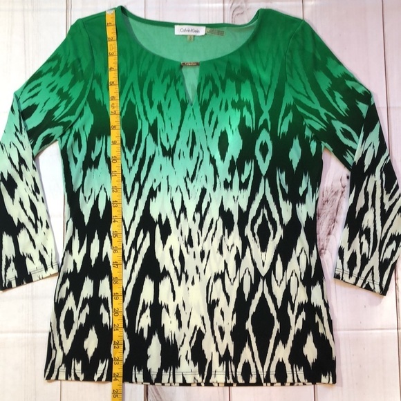 CALVIN KLEIN Green Black Bateau Neck Silky 3/4 sleeve top Women’s size small - Picture 12 of 13